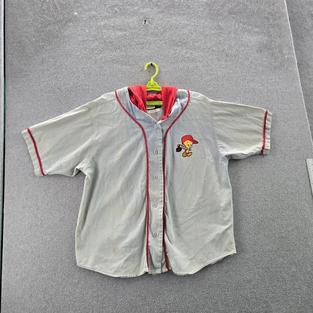 VINTAGE Looney Tune Women 2X Jersey Tweety Bird Embroidery Baseball Chambray 90s